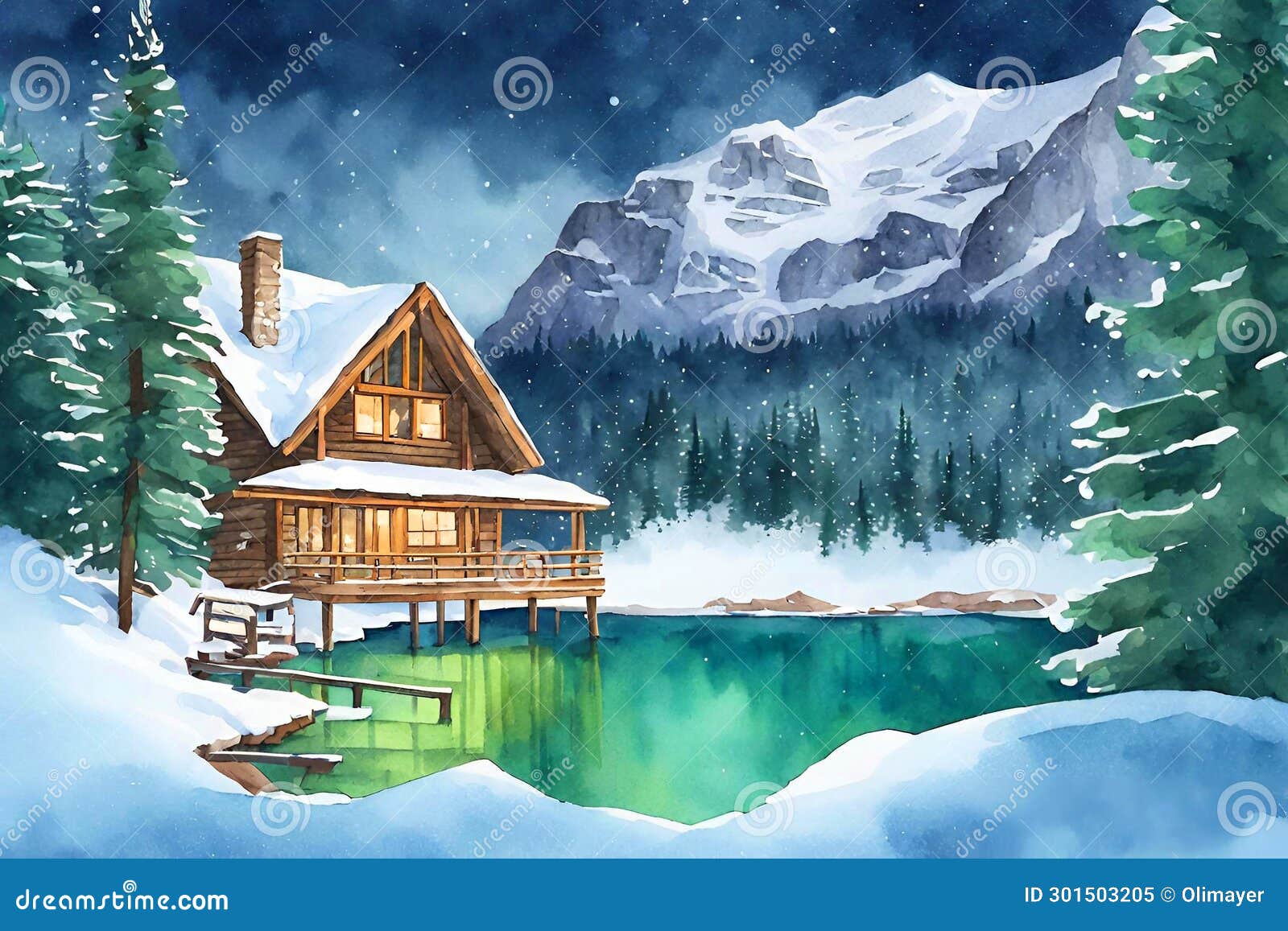 watercolor  of luxury villas in the swiss alps with lake views in winter.