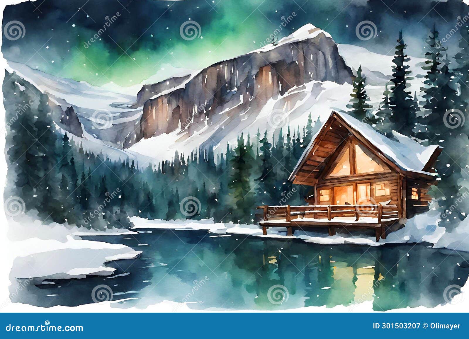 watercolor  of luxury villas in the swiss alps with lake views in winter.