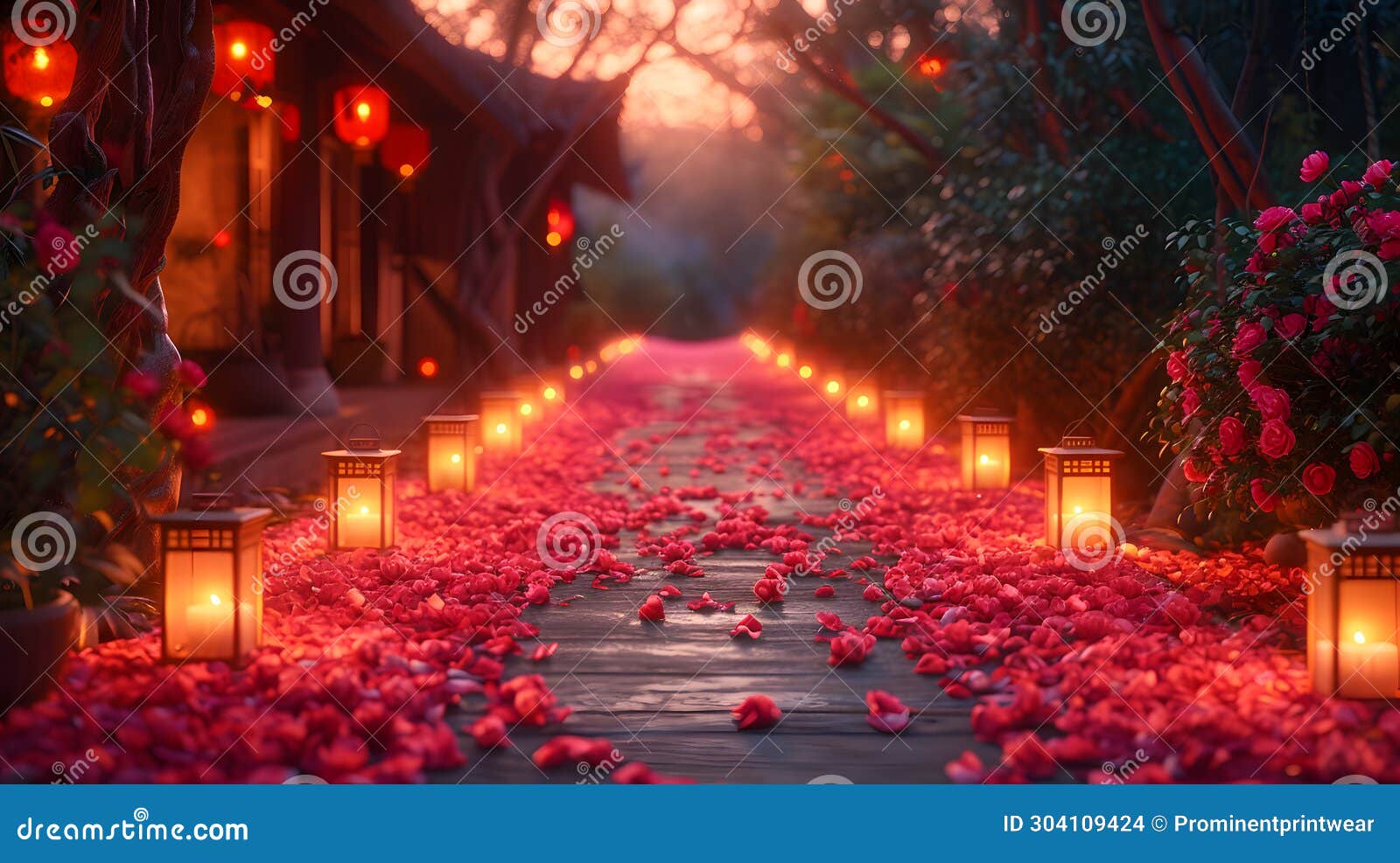 Warm Evening Ambience with Rose Petals Pathway Stock Illustration