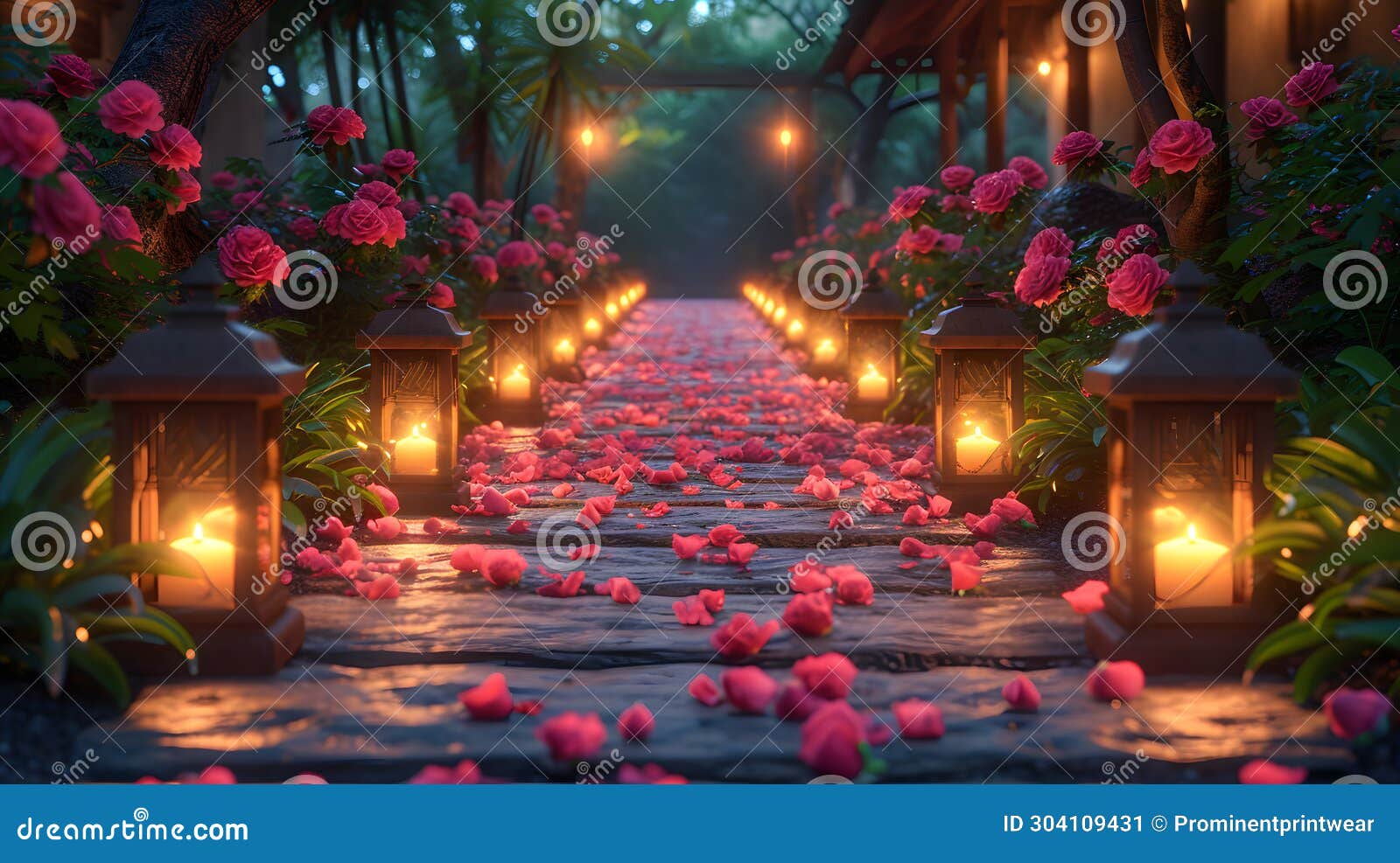 Warm Evening Ambience with Rose Petals Pathway Stock Illustration