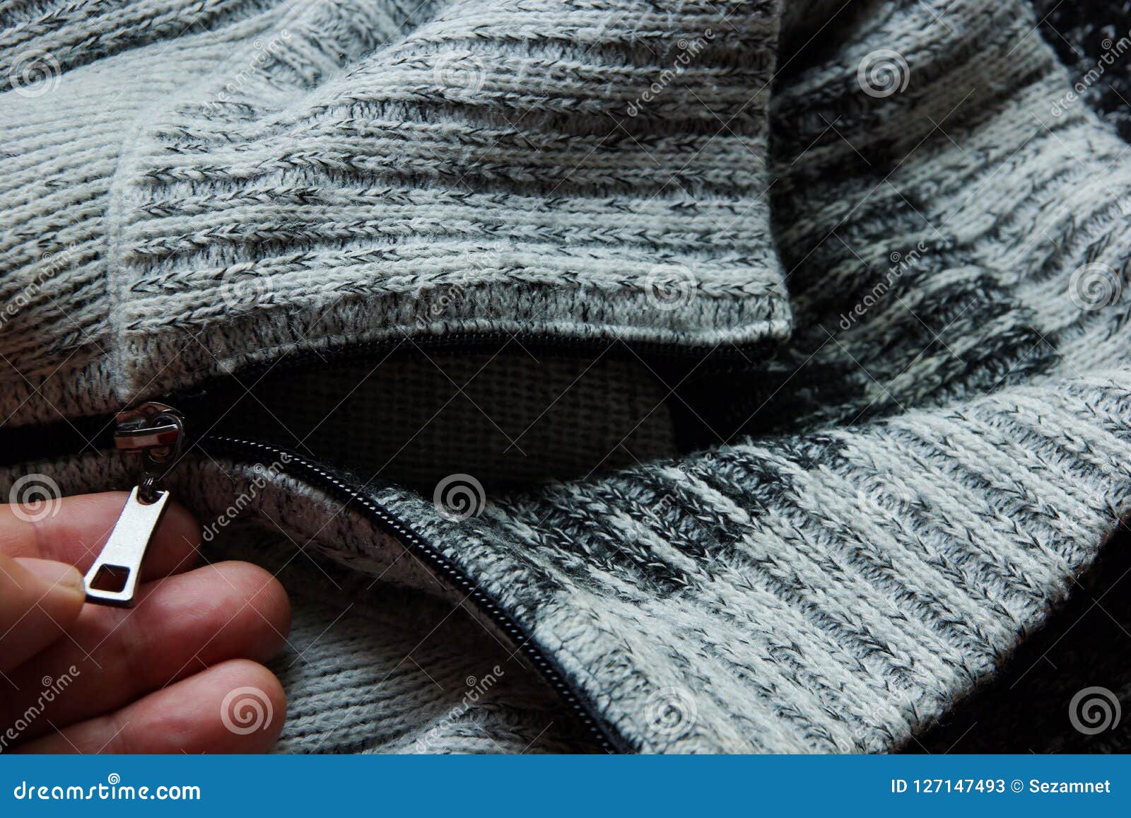 Warm Grey Light Woolen Sweater Collar Wool Hand. Stock Image - Image of ...