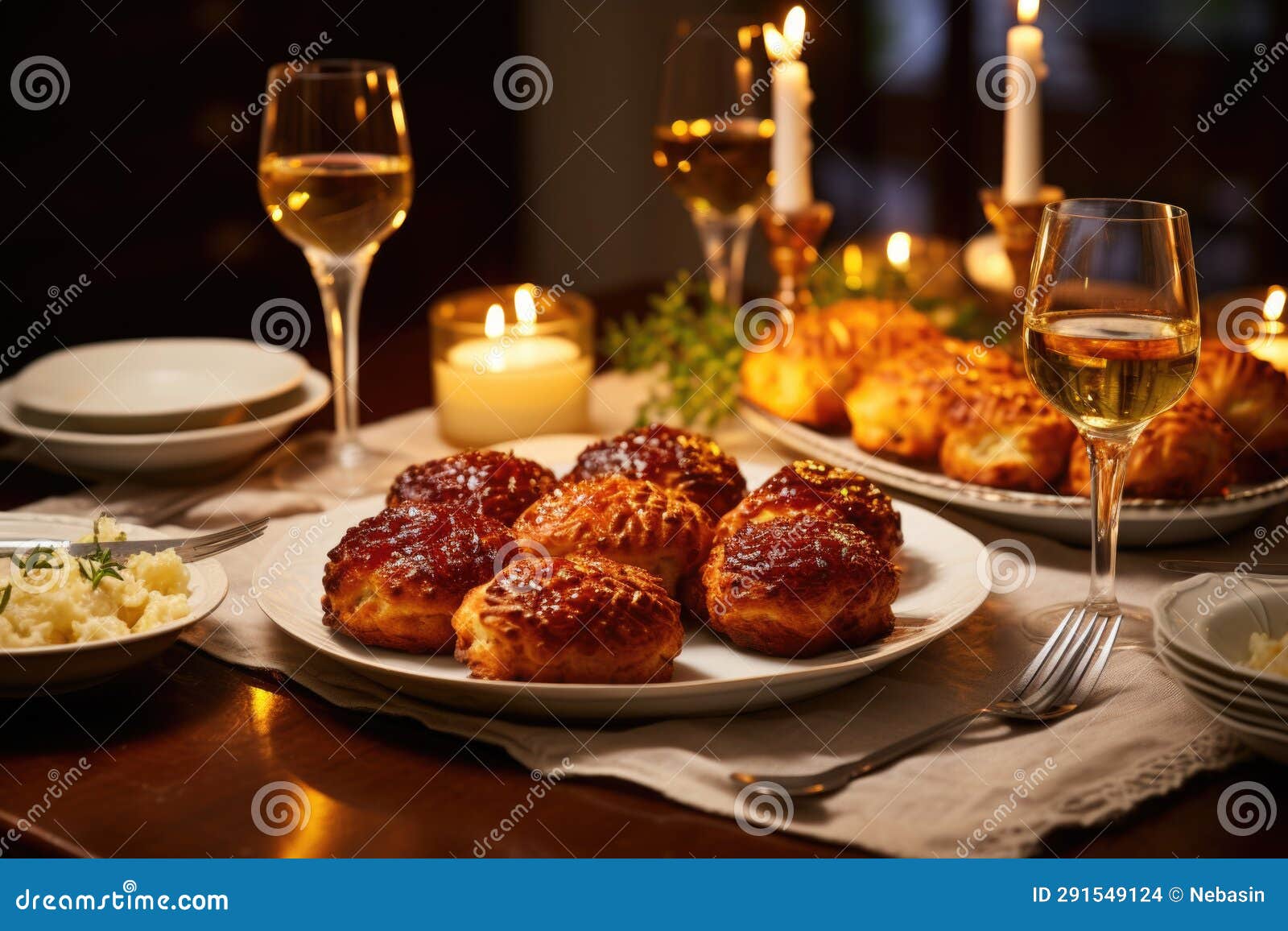 A Warm and Inviting Hanukkah Table Setting with Latkes, Challah Bread