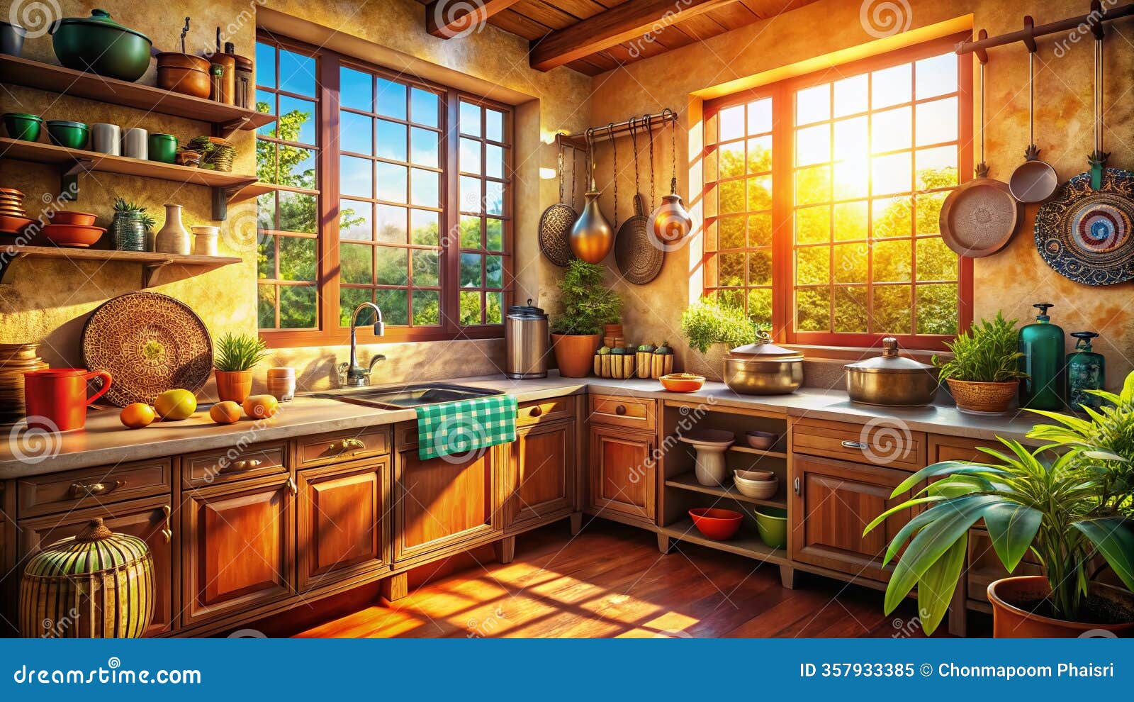 A Warm and Inviting Indian Kitchen Panoramic View of a SpringSunlit Space  Featuring Vintage Charm Traditional Decor and Stock Illustration -  Illustration of spring, ideas: 357933385, image size:1600x990