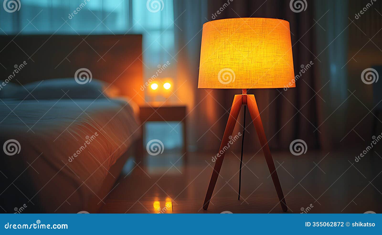 a warm lit floor lamp with a wooden base stands in a bedroom with a bed and nightstand in the background