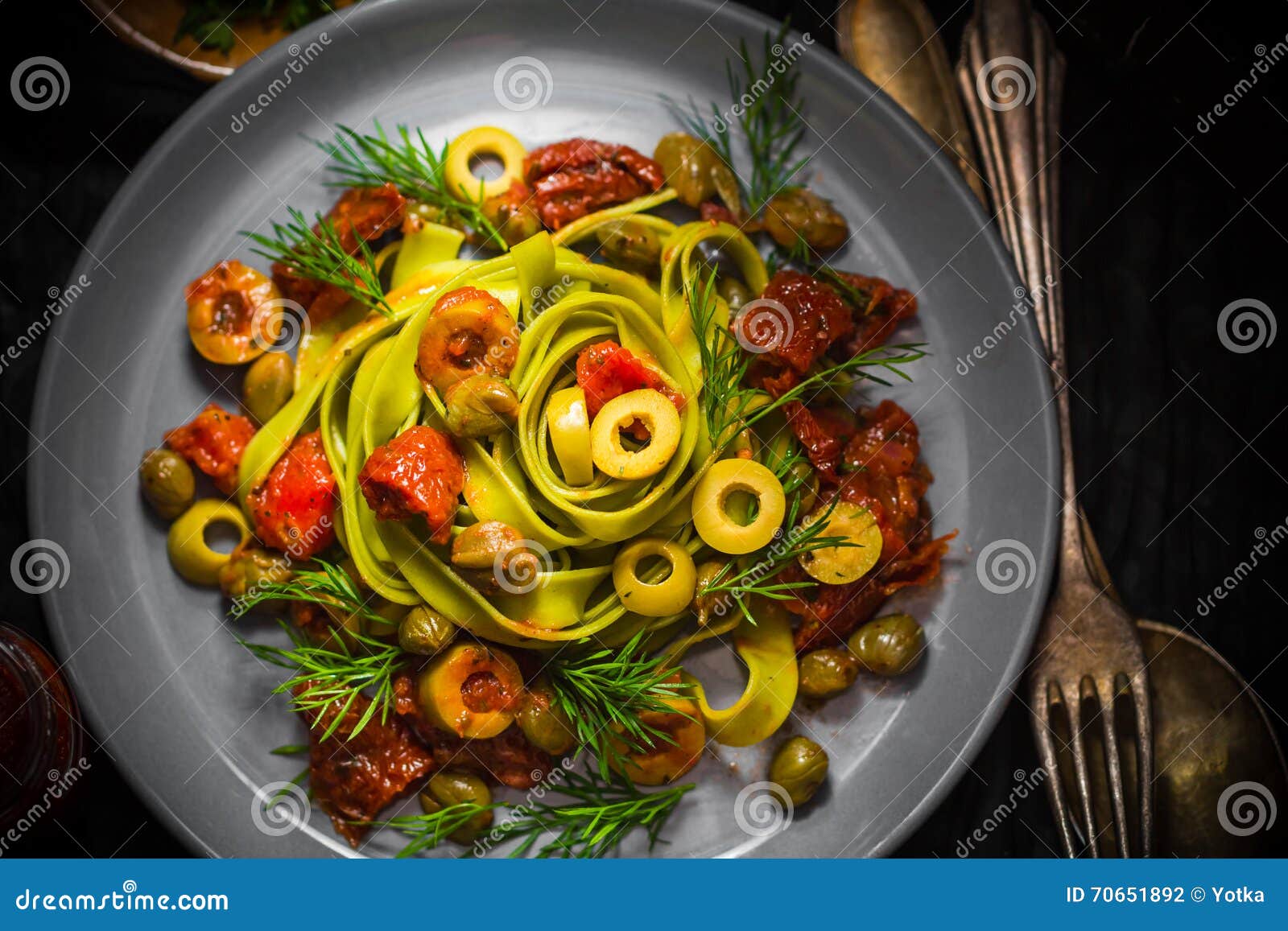 Warm Lunch Pasta Tomato Sauce Capers Asparagus Magic Light Stock Photo