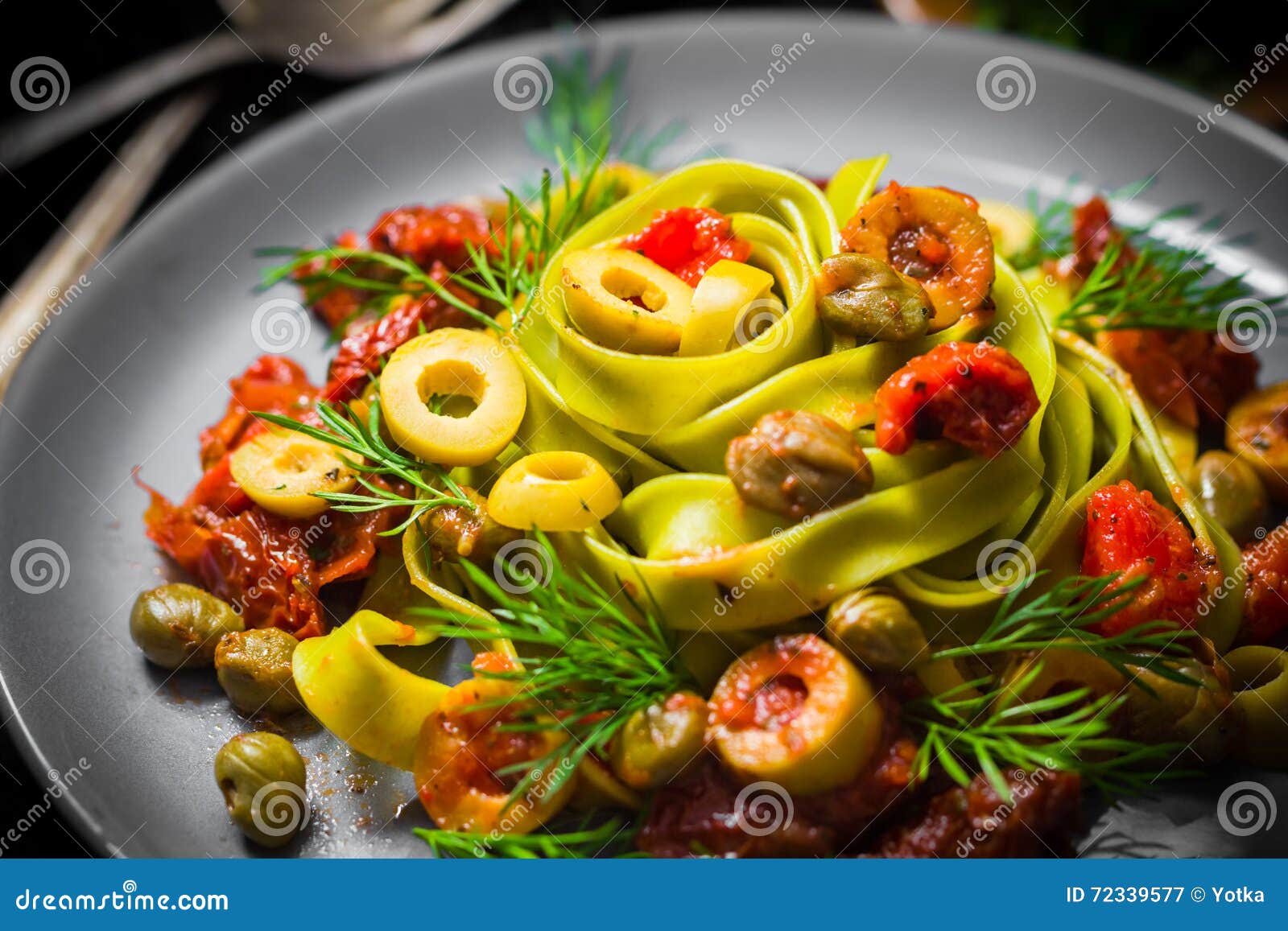 Warm Lunch Pasta Tomato Sauce Capers Asparagus Magic Light Stock Image