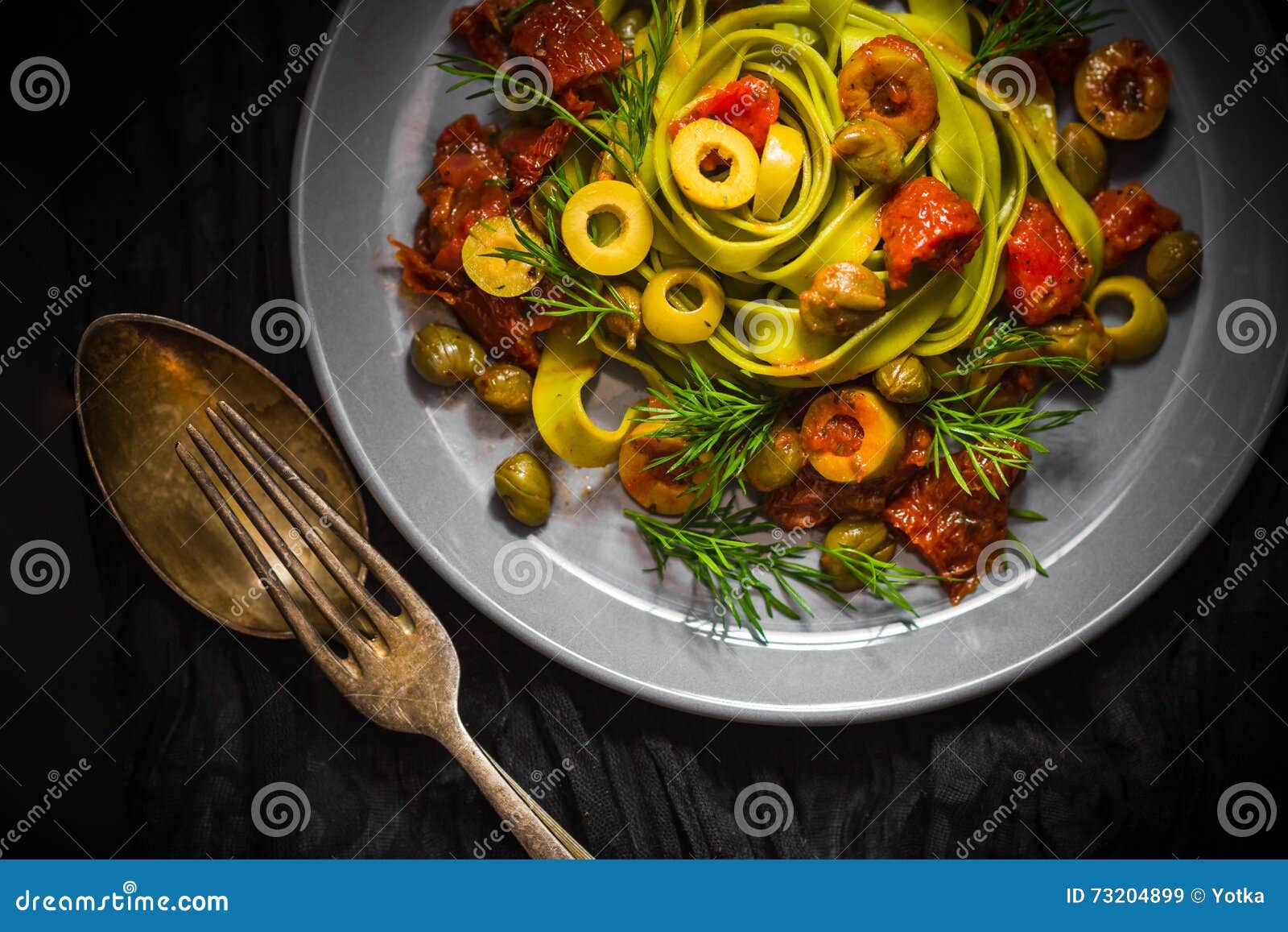 Warm Lunch Pasta Tomato Sauce Capers Asparagus Magic Light Stock Image