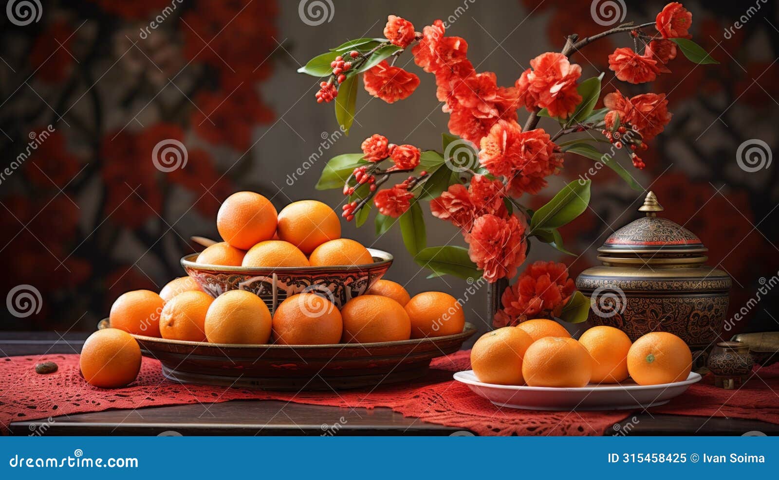 warm still life with flowers and tangerines ai generated