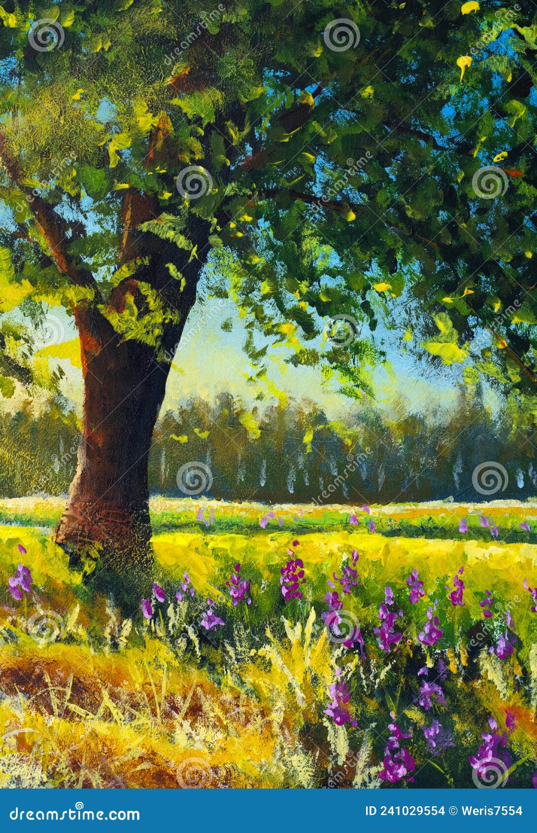 Acrylic Painting Big Oak Tree in the Sun Sunny Landscape Stock ...