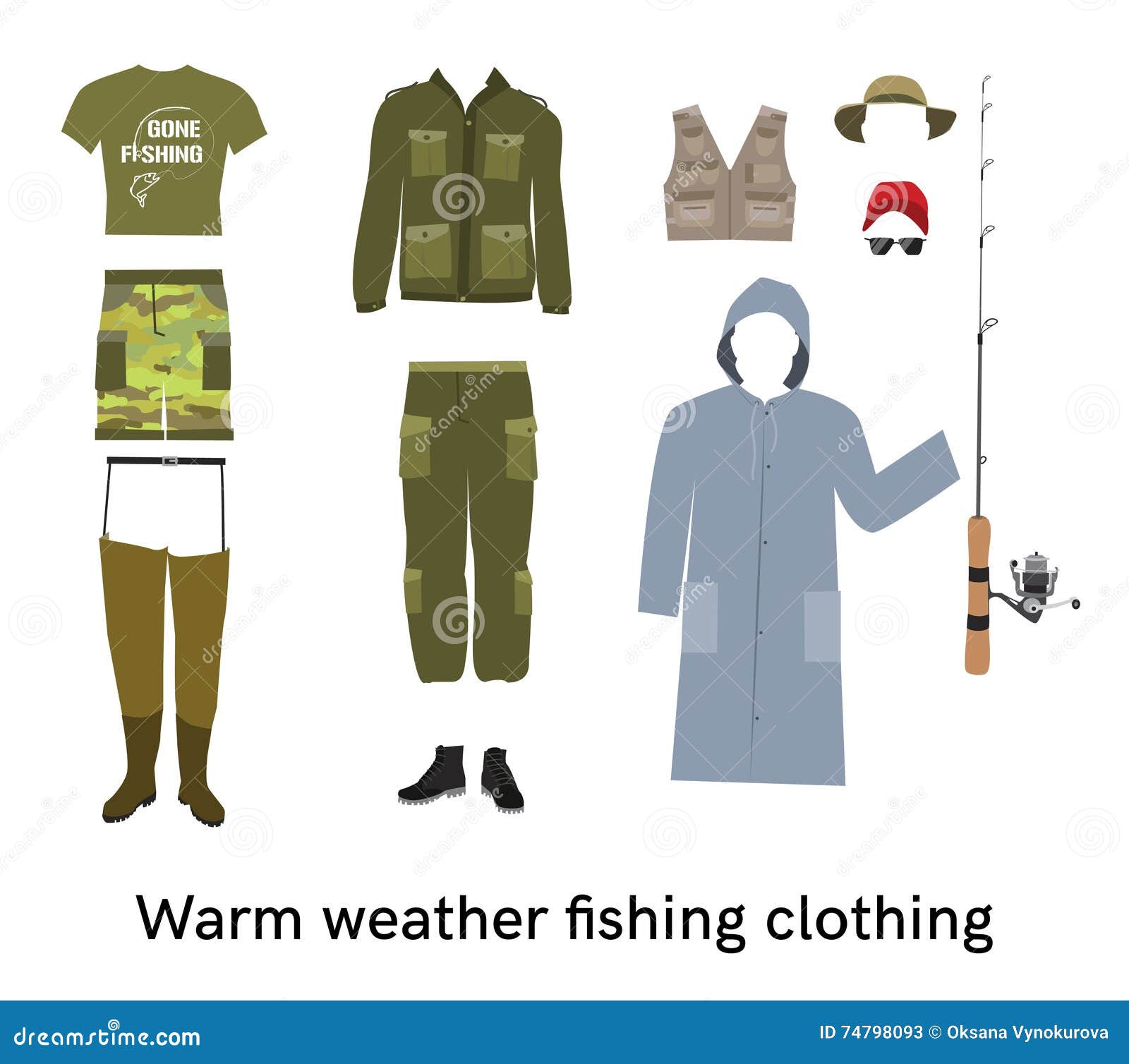 Warm Weather Fishing Clothes Flat Vector Set Stock Vector - Illustration of  shorts, graphic: 74798093