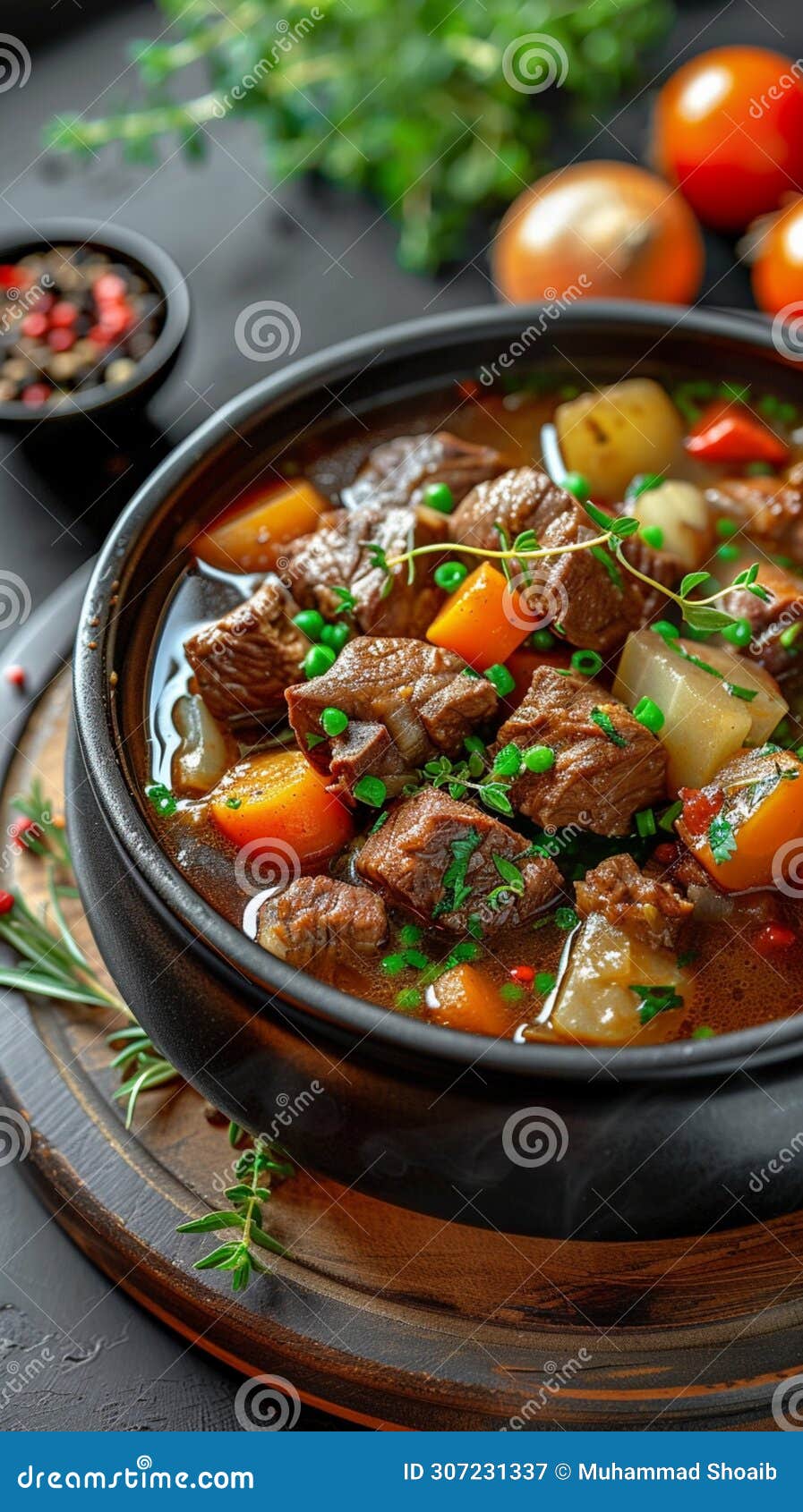 warm and wholesome delicious beef and vegetable stew simmering