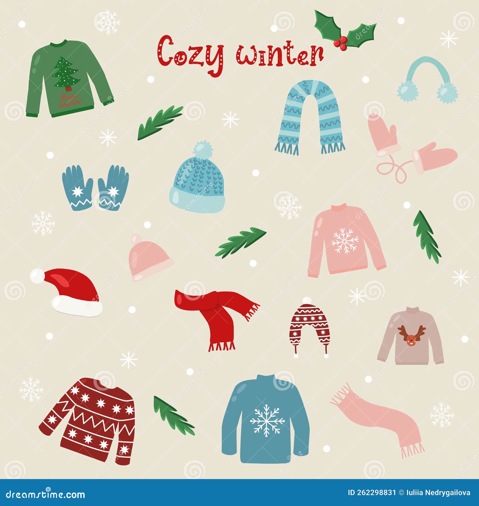 Warm Winter Cozy Clothes Set, Items for Cold Season, Vector Stock