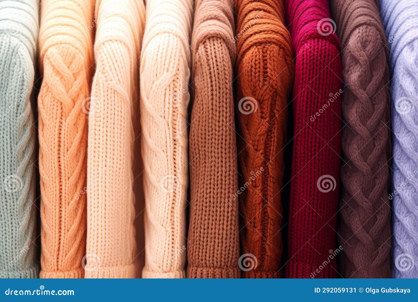 Warm Wool Sweaters Hang on Hangers in a Row. AI Generated. Stock Image