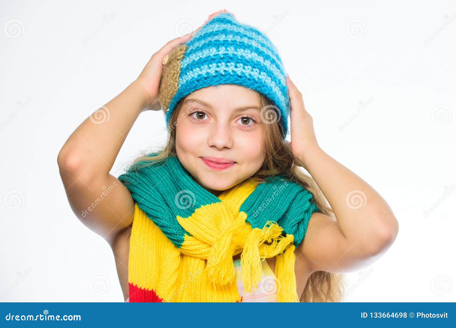 Warm Woolen Accessories. Girl Long Hair Happy Face White Background ...