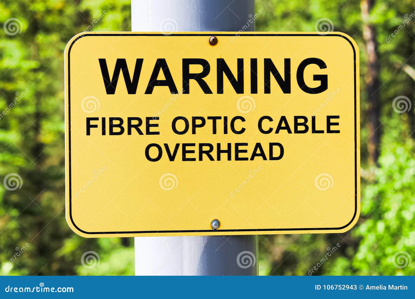 A Warning Fibre Optic Cable Overhead Sign Stock Image Image of