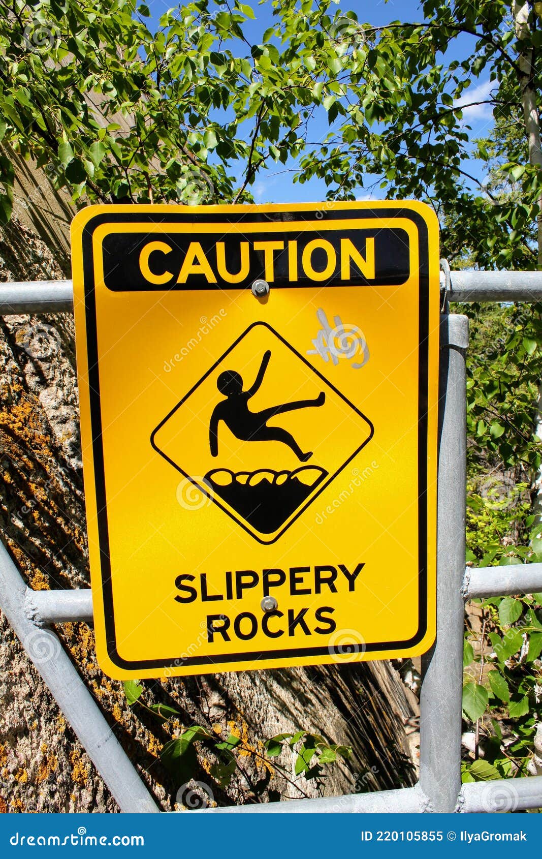Warning Sign Caution Slippery Rocks. Black Letters And A Picture Of A ...