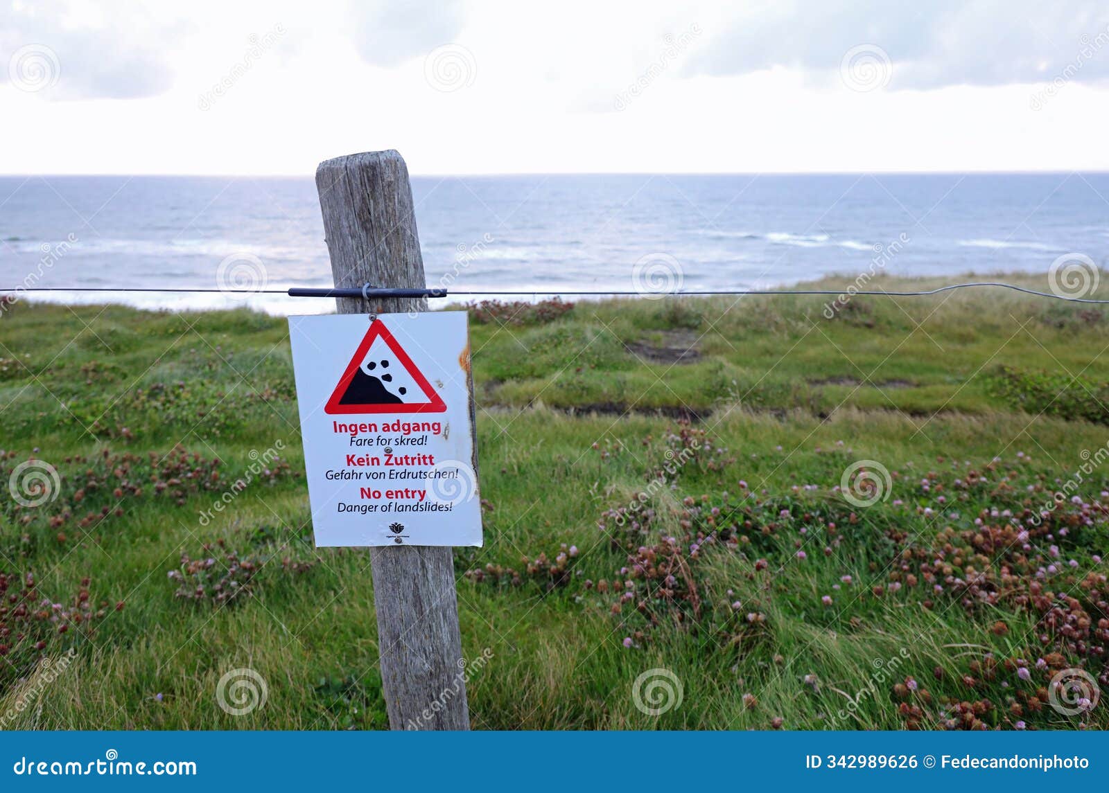 warning sign in danish and english about danger of falling and collapsing cliff by sea