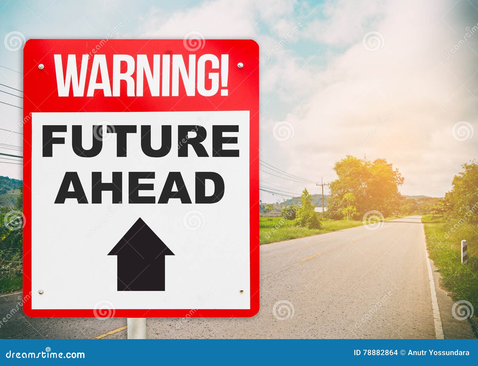 Warning Sign with Future Ahead on a Road. Stock Photo Image of sign