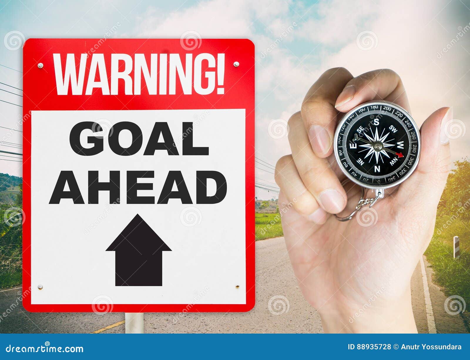 Warning Sign Goal Ahead with Hand Holding Compass Stock Photo Image
