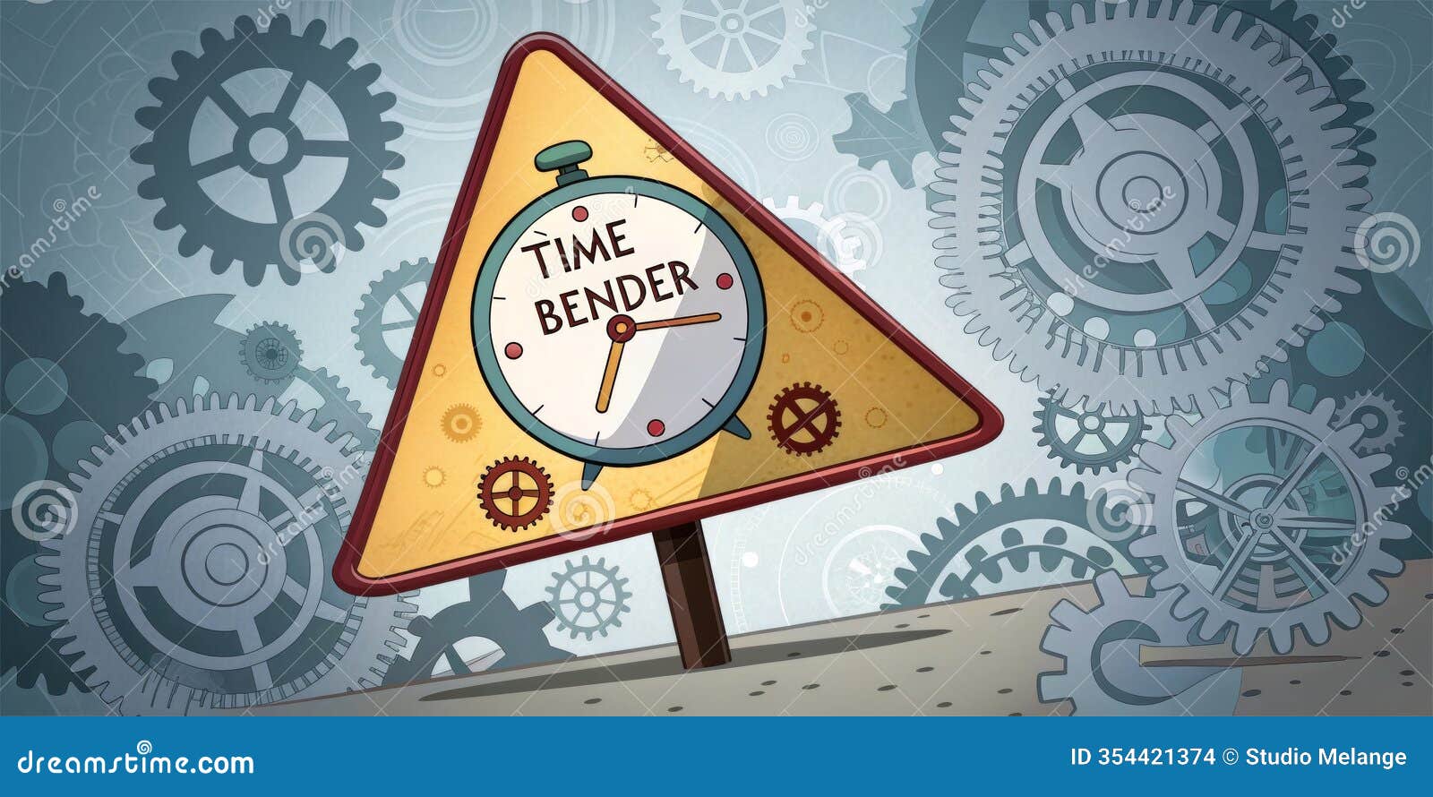 warning sign indicating a time bending phenomenon with gears in the background
