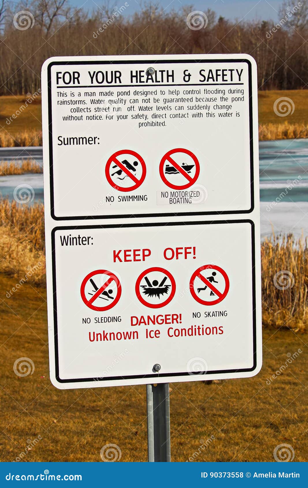 Warning Signs Around Storm Drainage Pond Stock Photo Image of moving