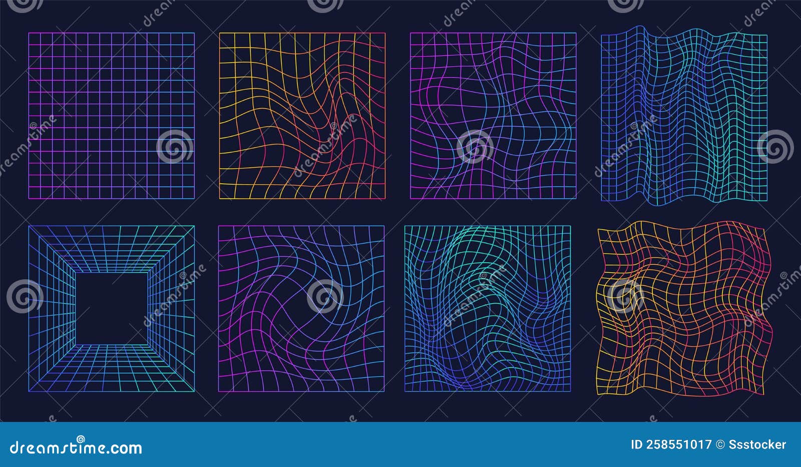 warped retro grid. nft cyber gravity grids, warp tunnel retrowave 80s colors neon prism vaporwave cyberpunk 90s techno