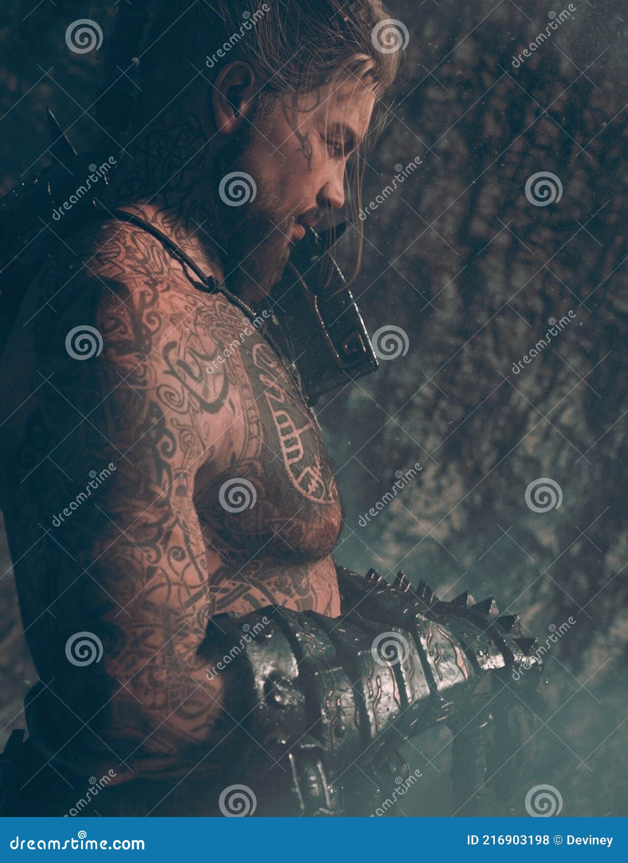 Warrior with tattoos stock illustration. Illustration of form - 216903198