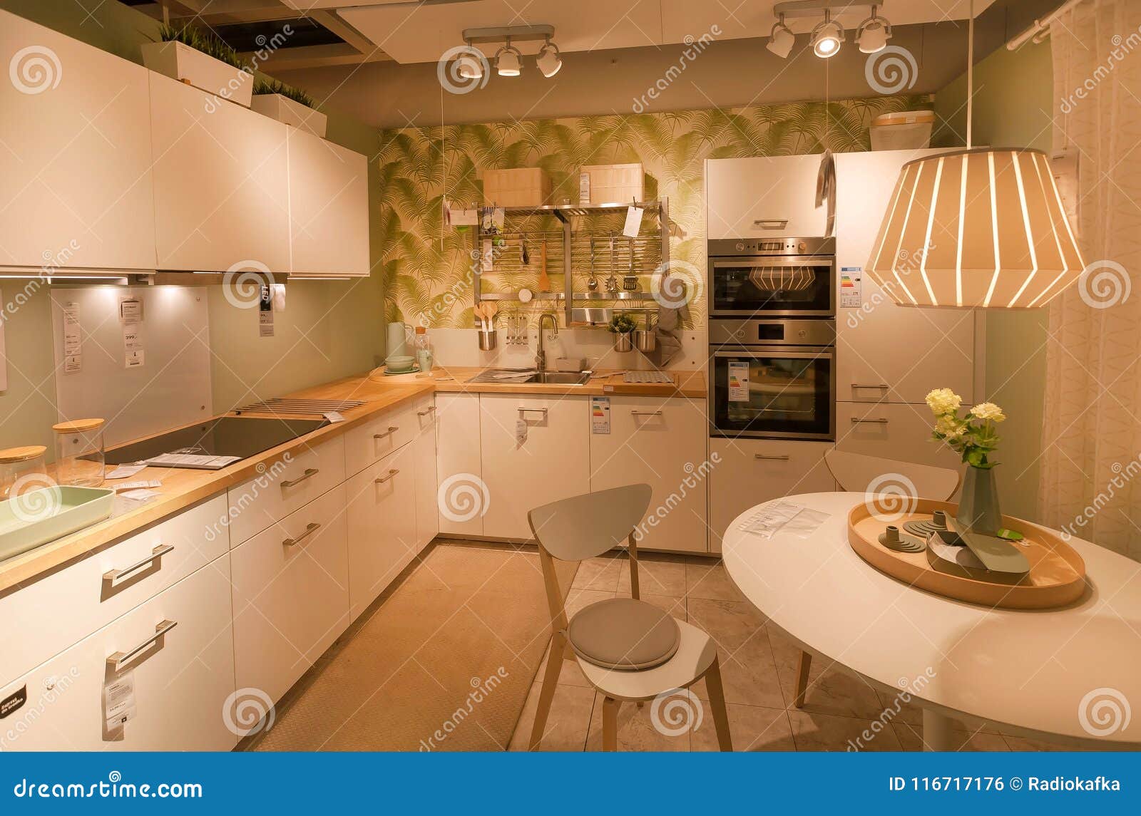 Modern Kitchen With Oven And Fridge In Ikea Store With Furniture
