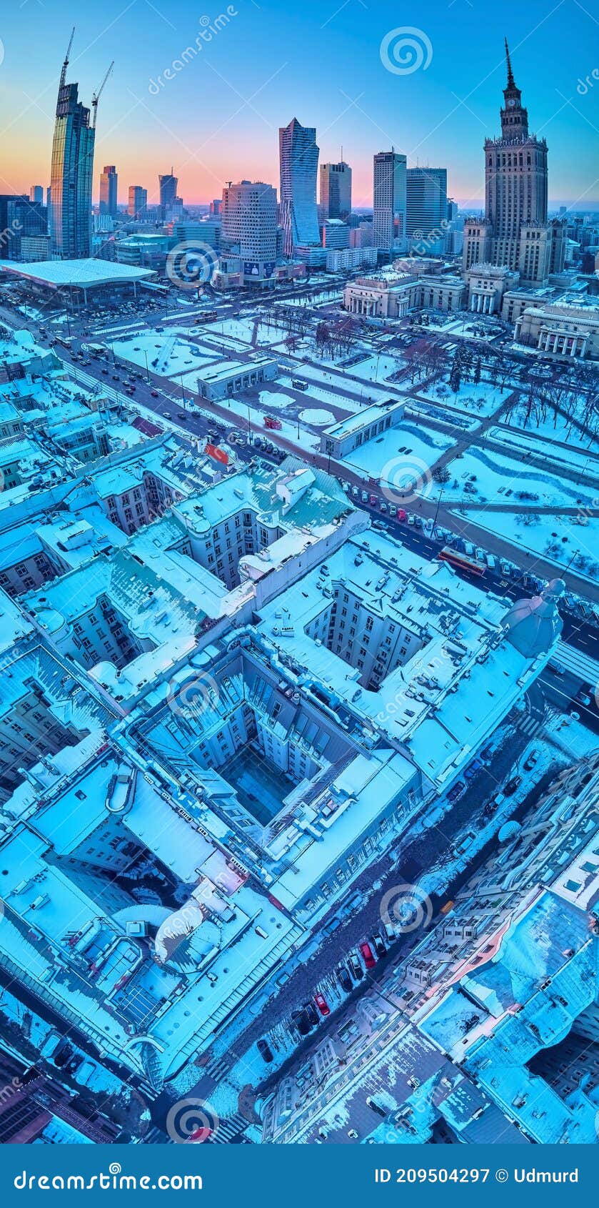 warsaw, poland - january 31, 2021: beautiful panoramic aerial drone view on warsaw city skyscrapers, pkin, and varso tower under