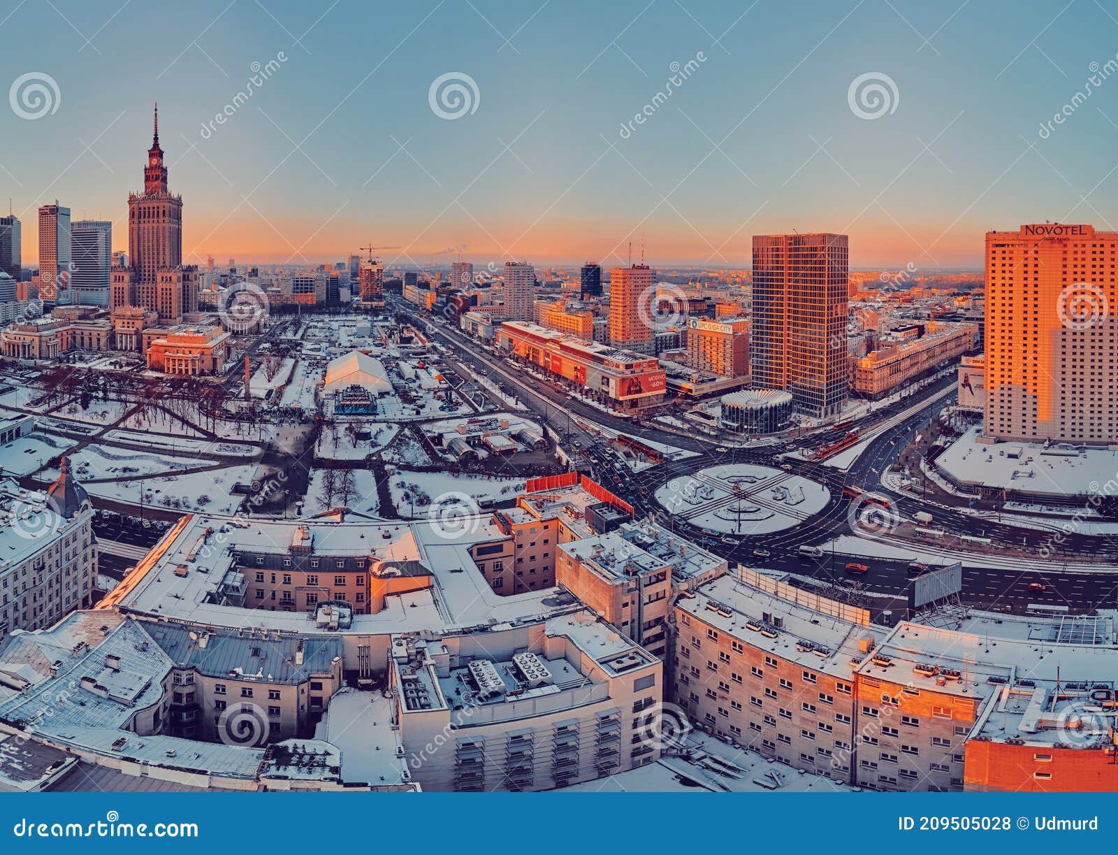 warsaw, poland - january 31, 2021: beautiful panoramic aerial drone view on warsaw city skyscrapers, pkin, and varso tower under