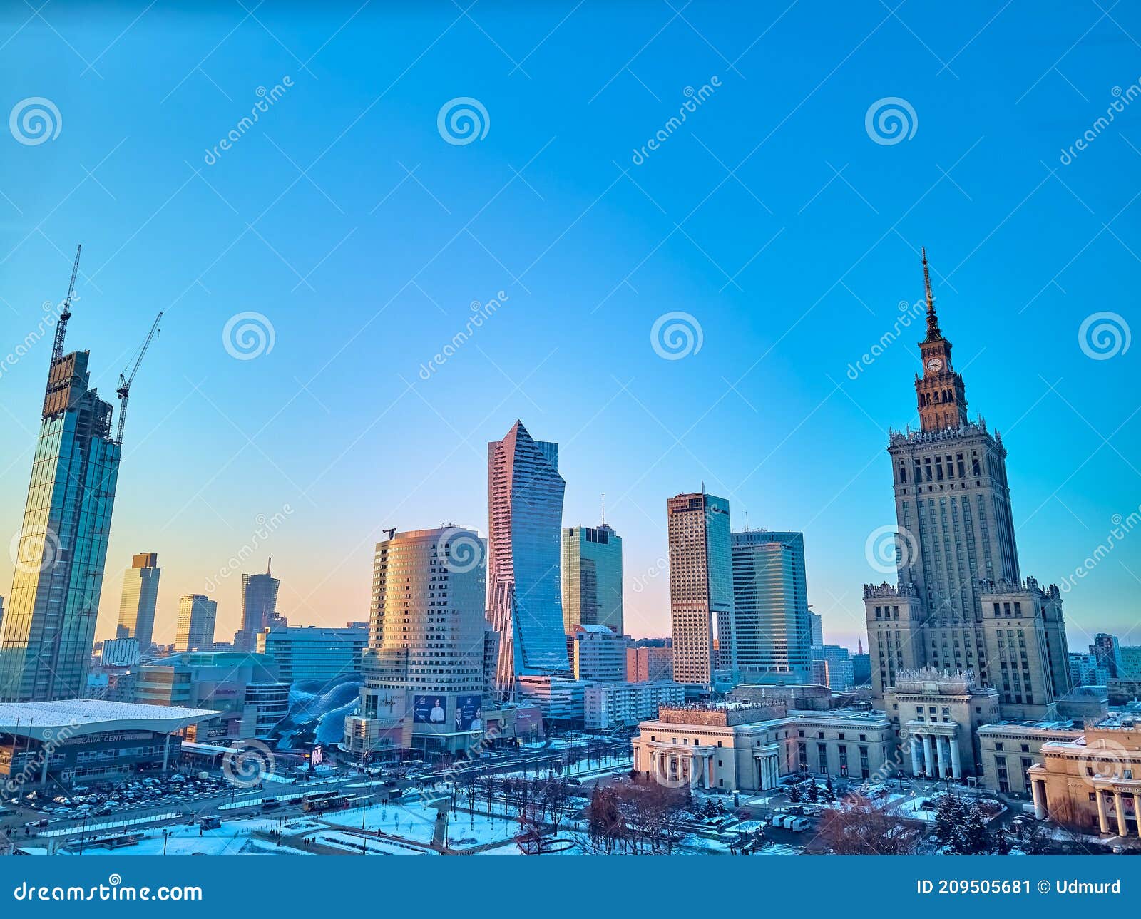 warsaw, poland - january 31, 2021: beautiful panoramic aerial drone view on warsaw city skyscrapers, pkin, and varso tower under