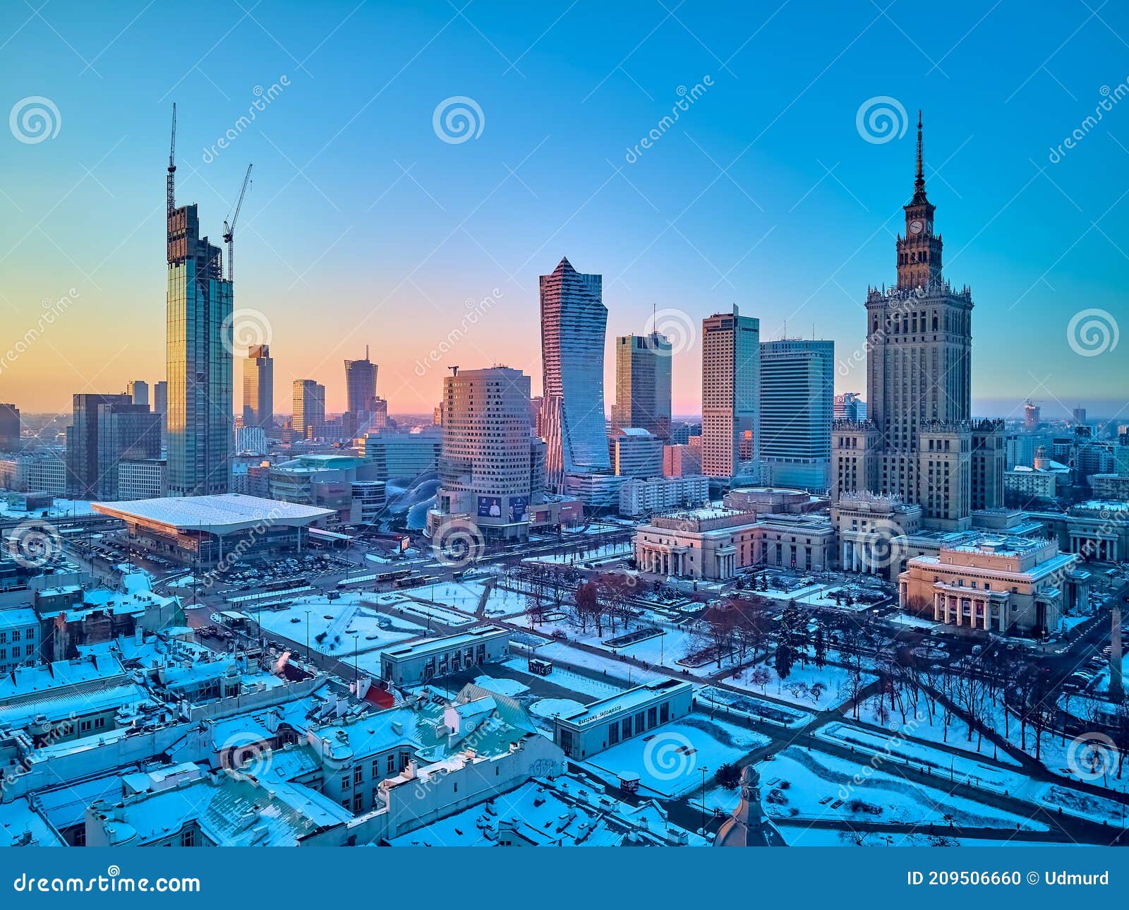 warsaw, poland - january 31, 2021: beautiful panoramic aerial drone view on warsaw city skyscrapers, pkin, and varso tower under