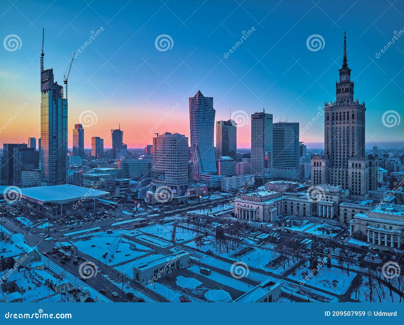 warsaw, poland - january 31, 2021: beautiful panoramic aerial drone view on warsaw city skyscrapers, pkin, and varso tower under