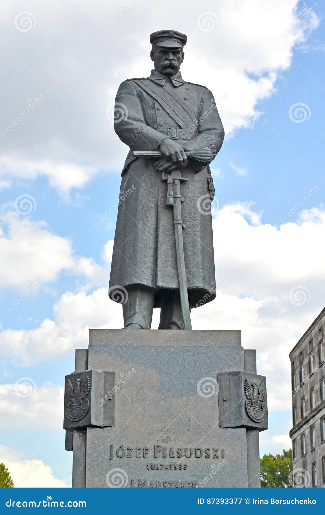 warsaw, poland. a monument to the marshal jozef pilsudsky against the background of the skyn