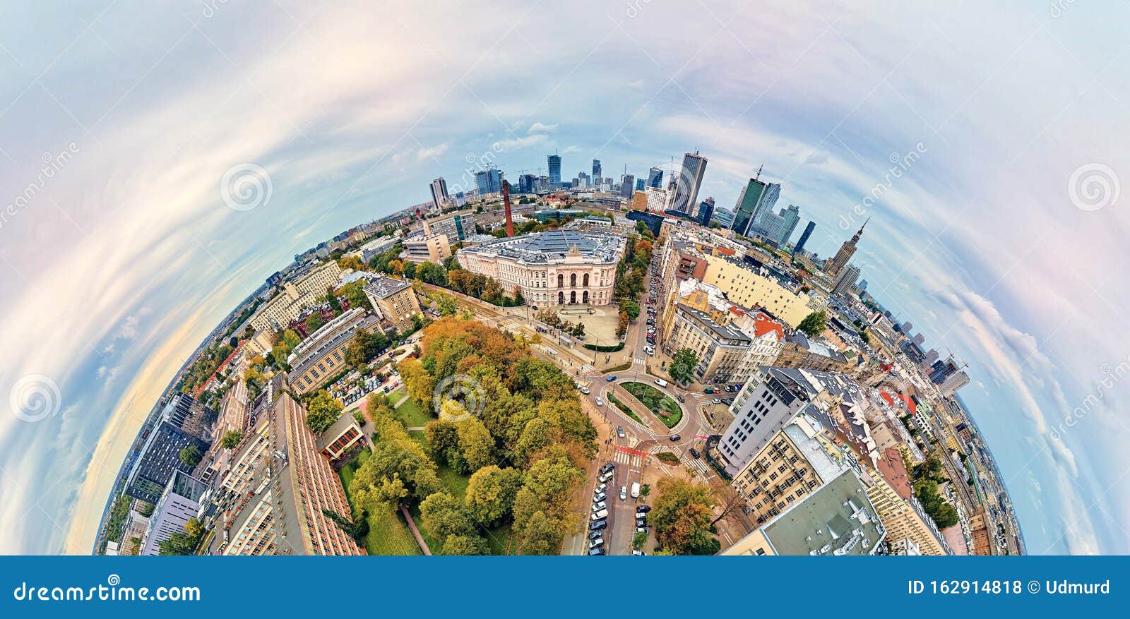 warsaw, poland - october 01, 2019: beautiful panoramic aerial drone view to the main building of the warsaw university of