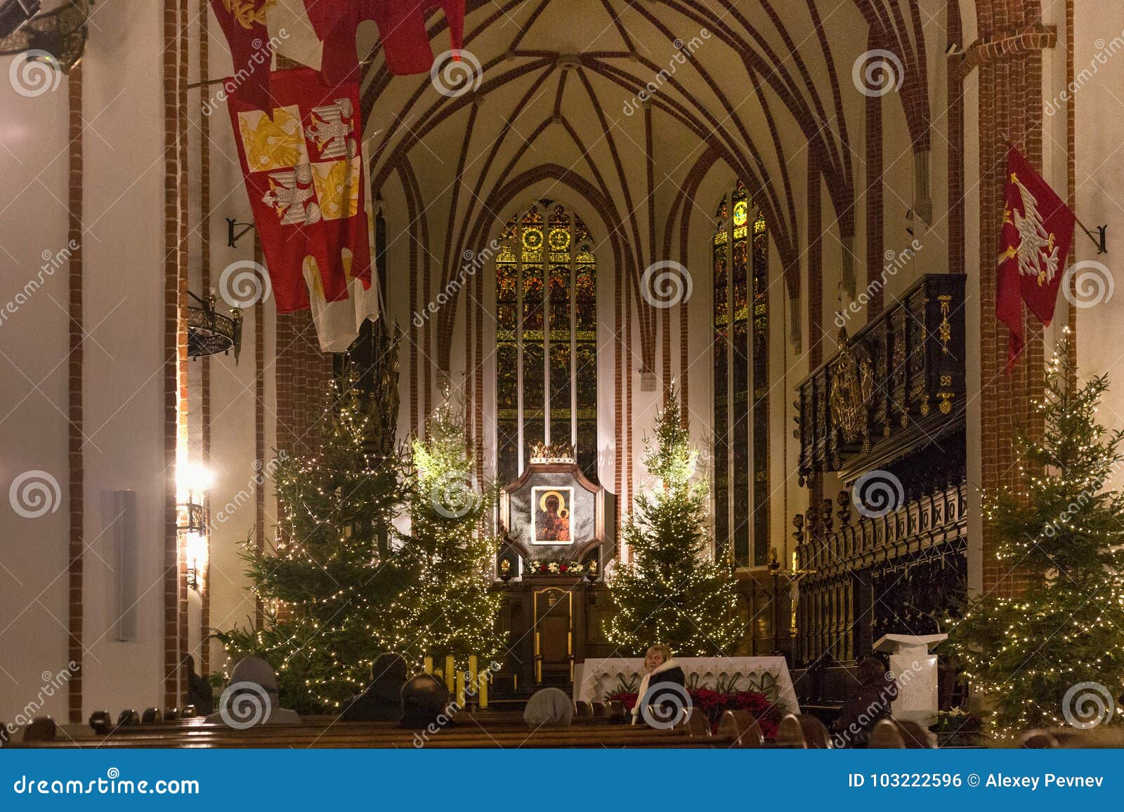 WARSHAU, POLEN - JANUARI 01, 2016: Binnenland van gotische St John ` s Archcathedral in Kerstmisdecoratie. Oorspronkelijk gebouwd in de XIV eeuw, maar in 1944 werden geruïneerd en herbouwd na de oorlog