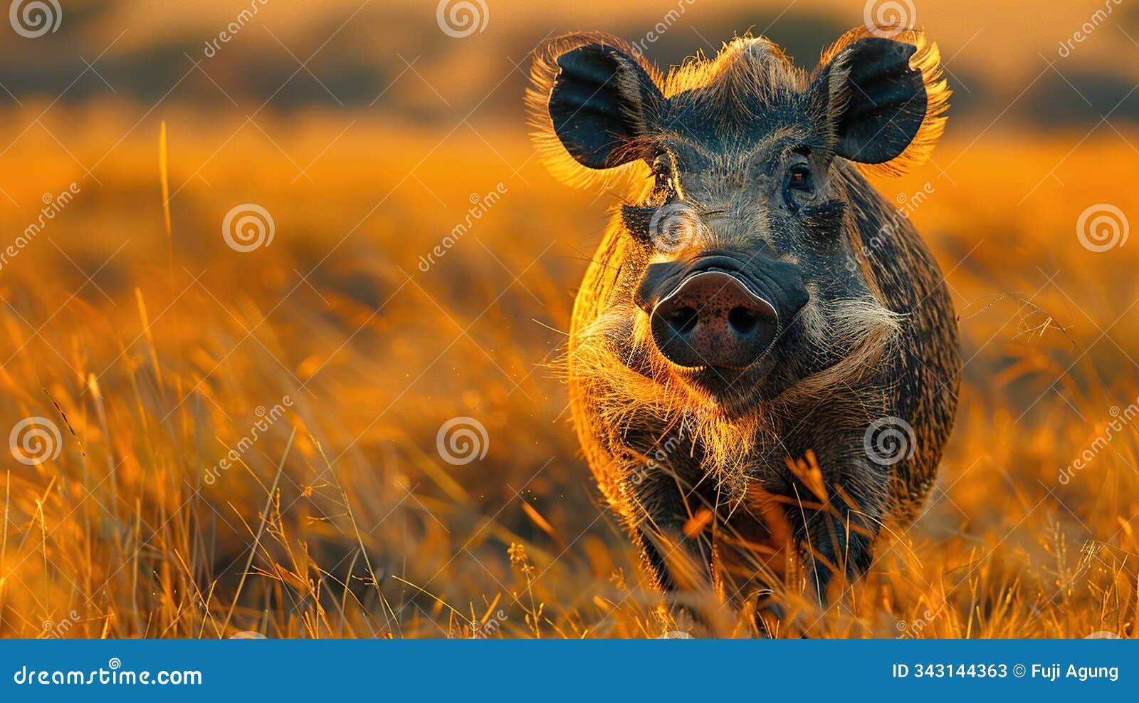 a warthog stands in a field of tall grass, bathed in the golden light of the setting sun. its ears are perked up and its snout is