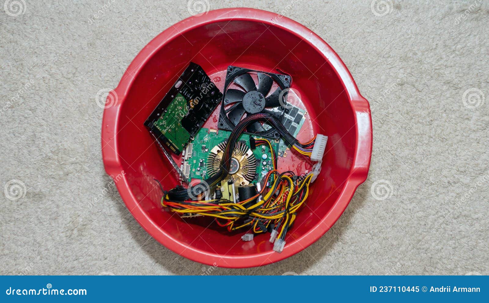 In a Wash Basin for Electronics Spare Parts. Computer Components, Computer Cooler in Drops of