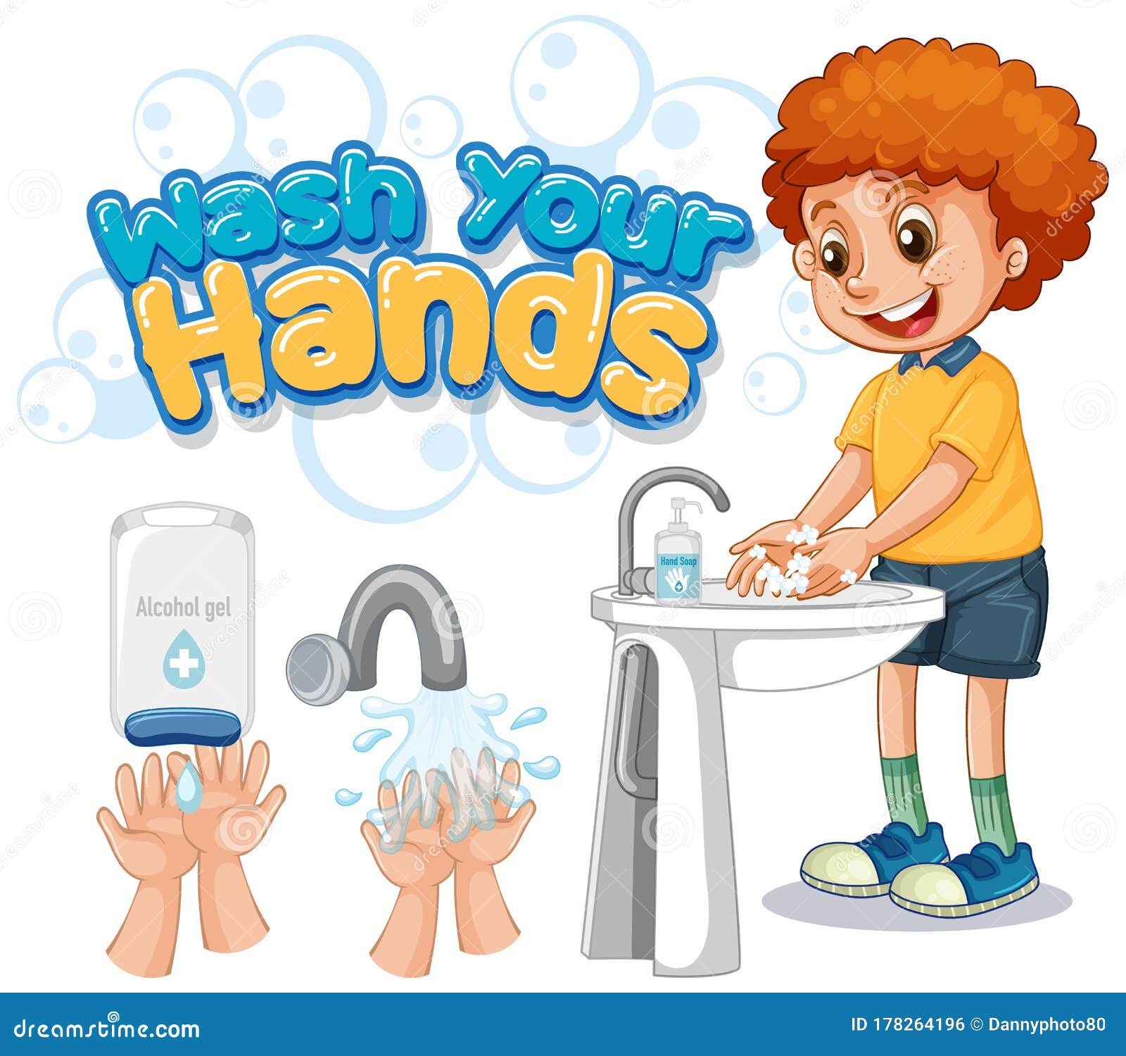 Wash Your Hands Poster Design with Boy Washing Hands Stock Vector ...