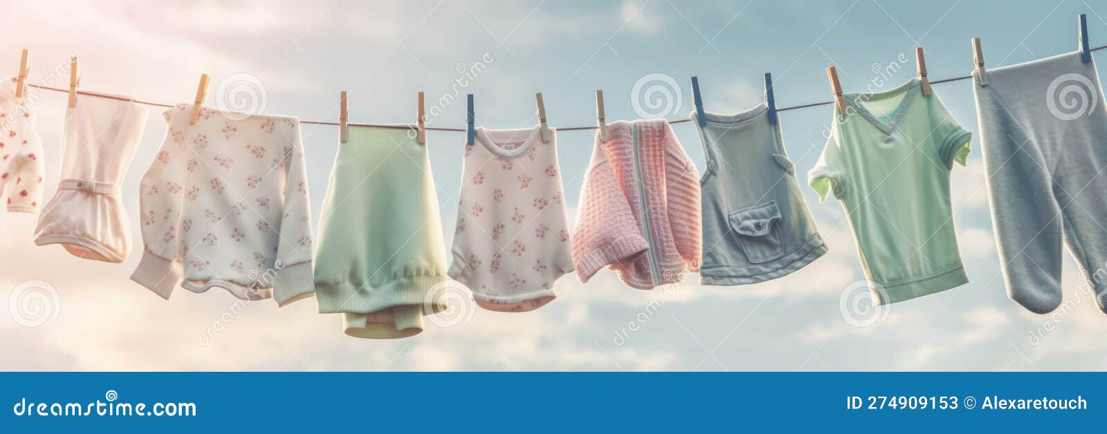 washed clothes hanging on a clothesline in the street on a sunny day. washday