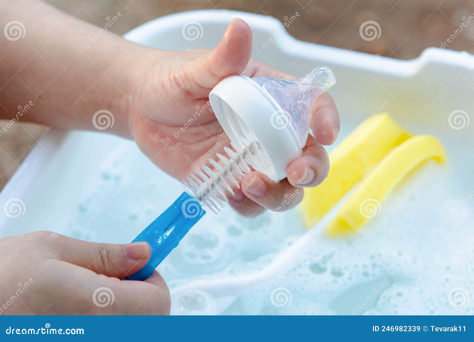 Washing Baby Nipples. Mother`s Hand Washing the Baby Nipples Stock