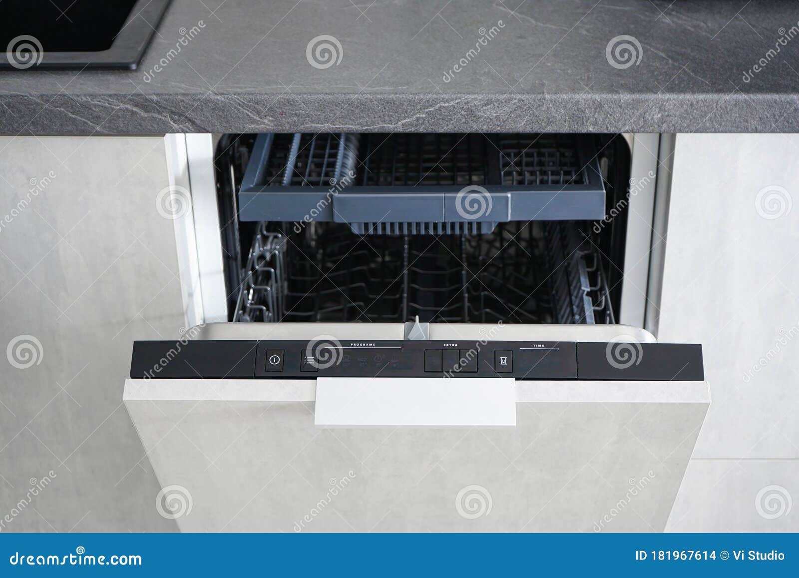 Washing Dishes in the Dishwasher. Opening and Closing the Dishwasher