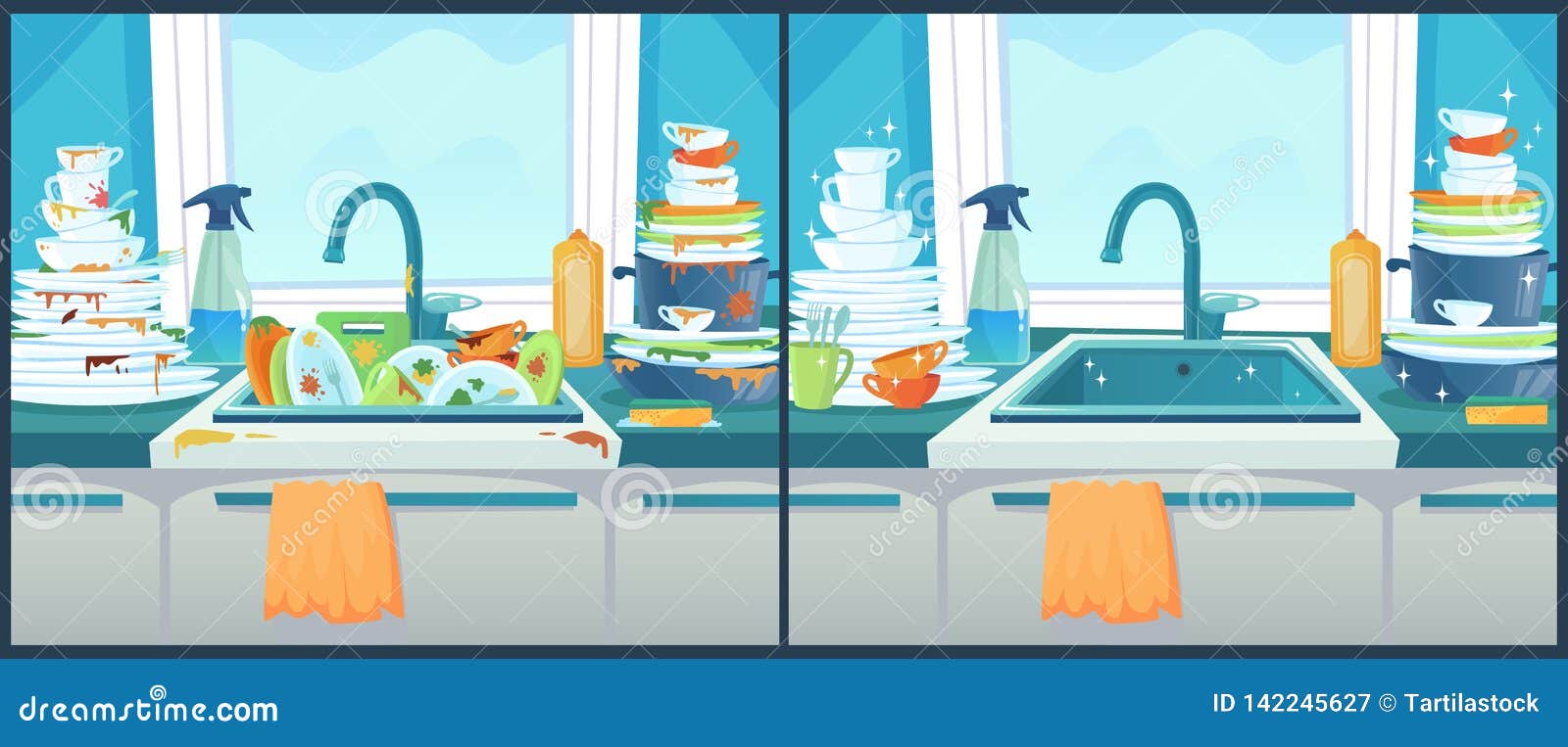 washing dishes in sink. dirty dish in kitchen, clean plates and messy dinnerware cartoon  