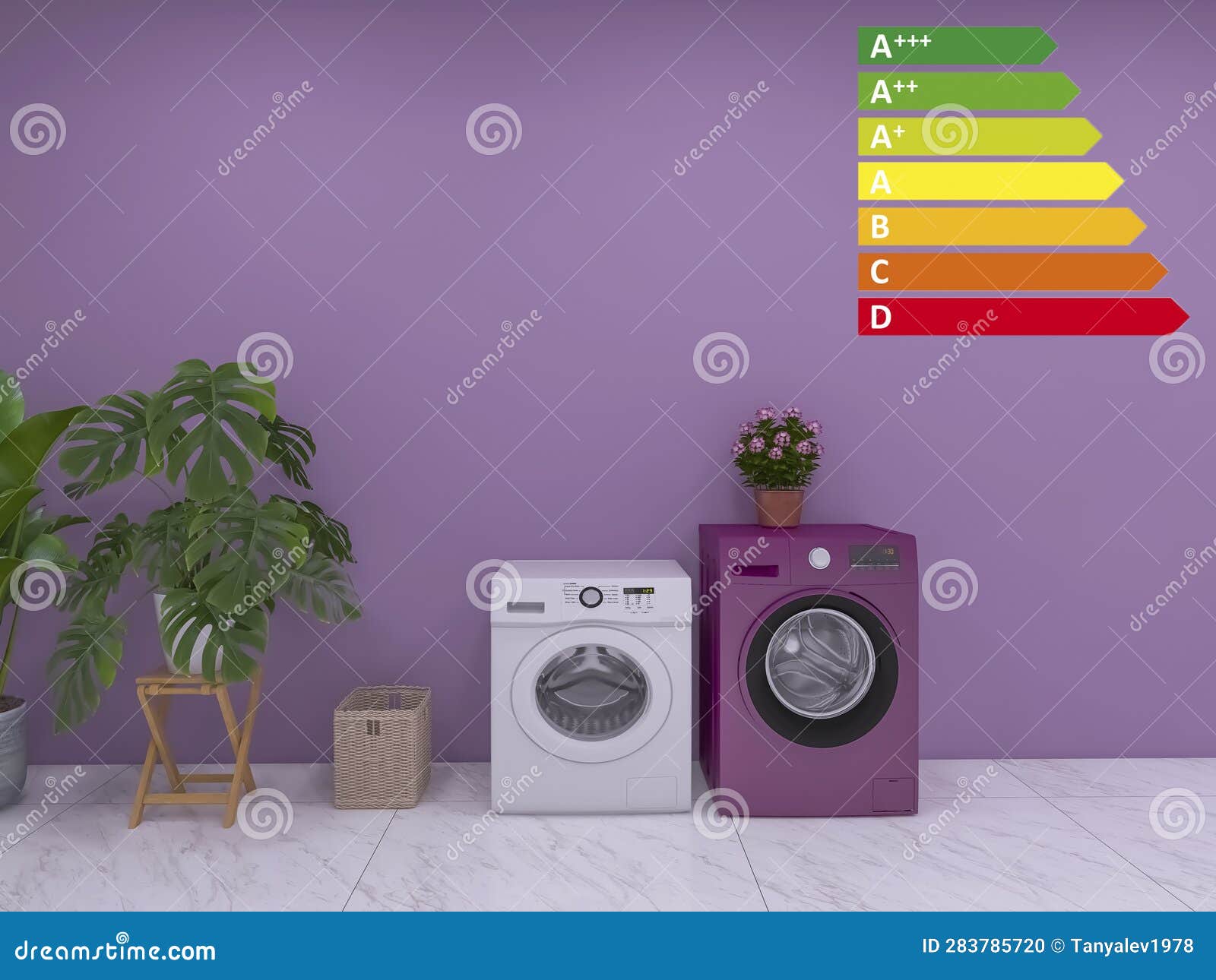 Washing Machine, Energy Saving Class 3d Render, 3d Illustration Domestic Energy Stock Photo
