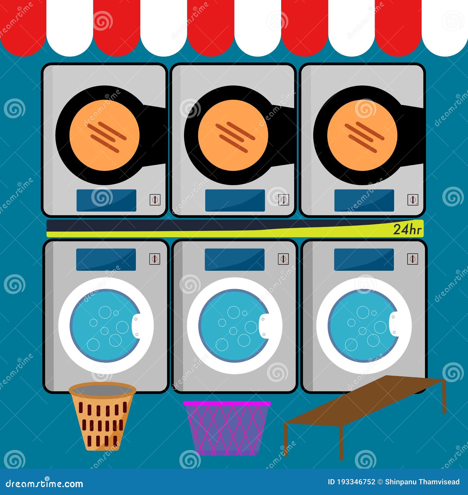 Washing Machine 24 Hr and Laundry Basket at Laundromat. Flat Style