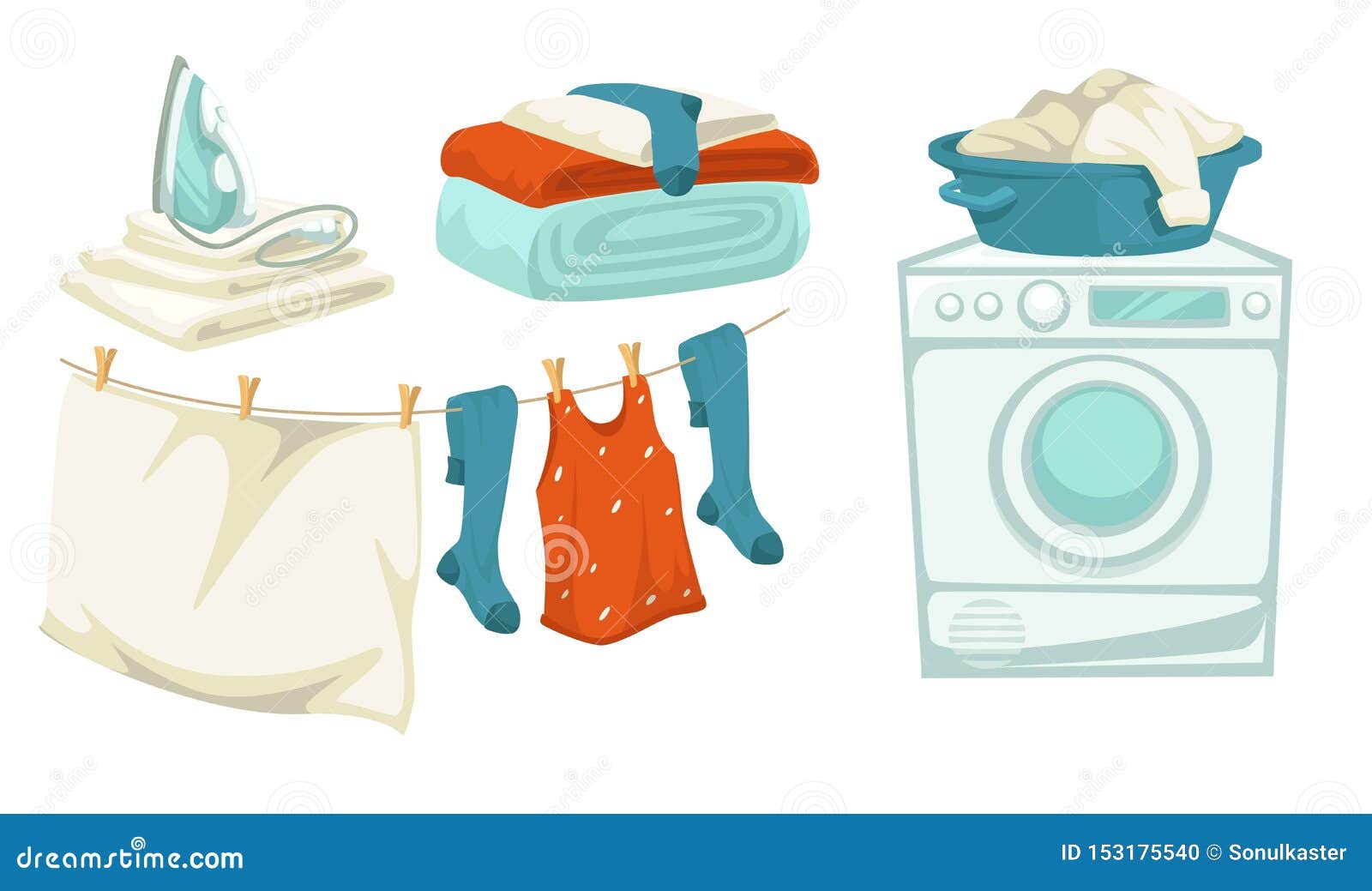 Washing Machine and Iron Laundry and Drying Line Isolated Objects Stock
