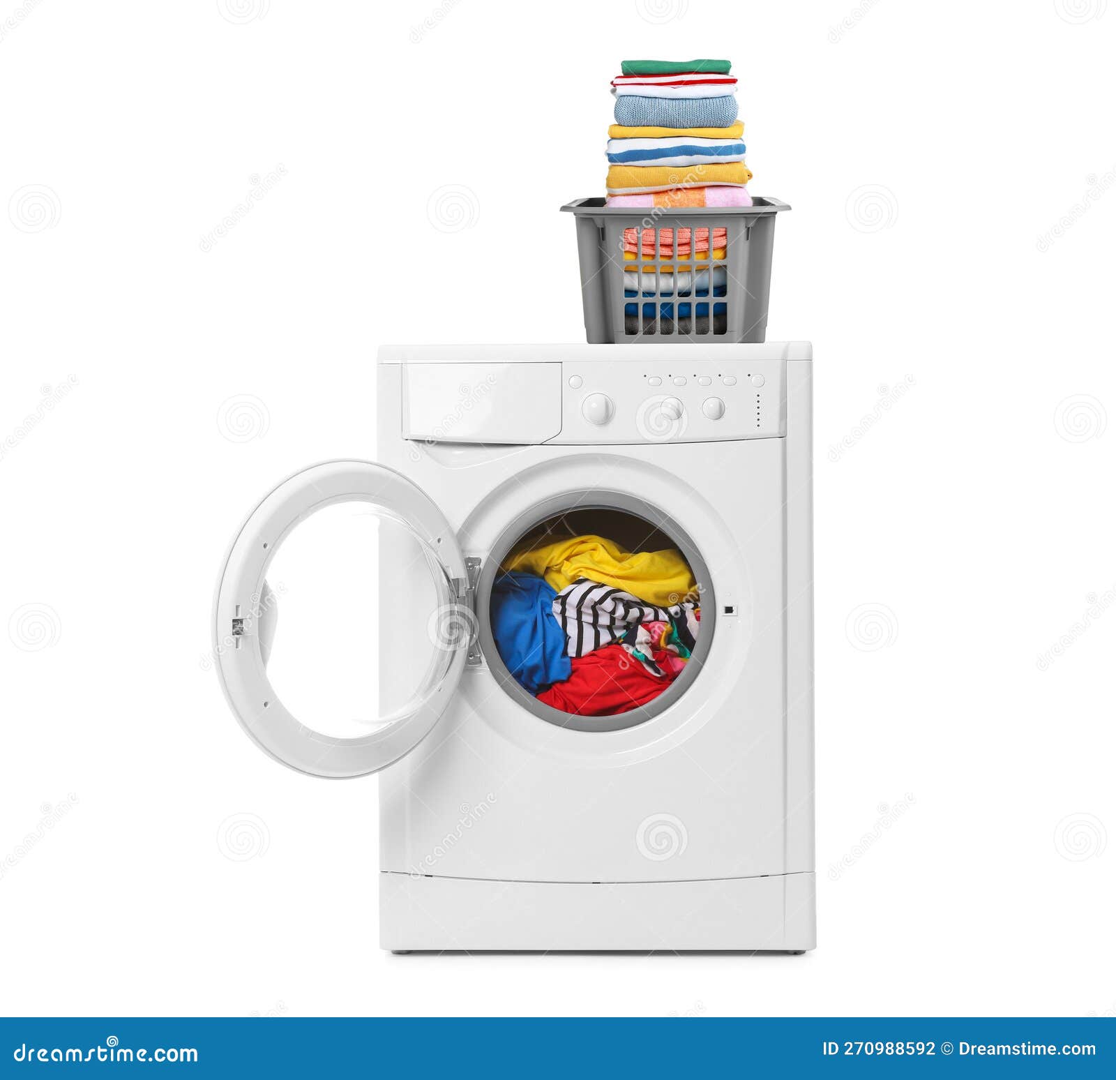 Washing Machine and Plastic Laundry Basket Full of Clean Clothes on