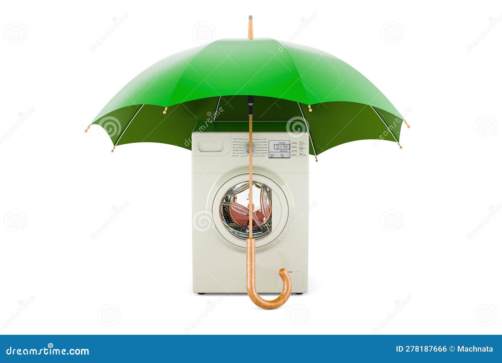 Washing Machine Under Umbrella. 3D Rendering Stock Illustration