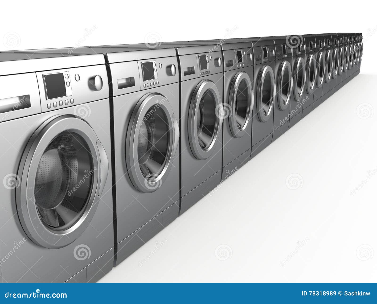 Row Of Washing Machines With Laundry In A Basket RoyaltyFree Stock
