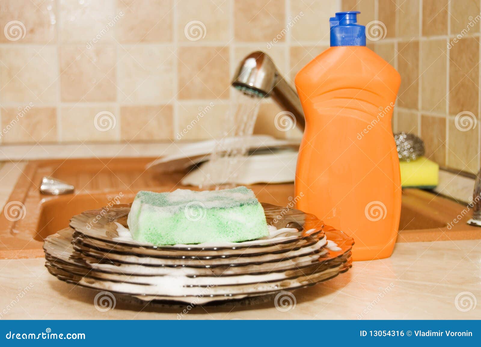 Washing Up Liquid with a Sponge on Kitchen Stock Photo Image of